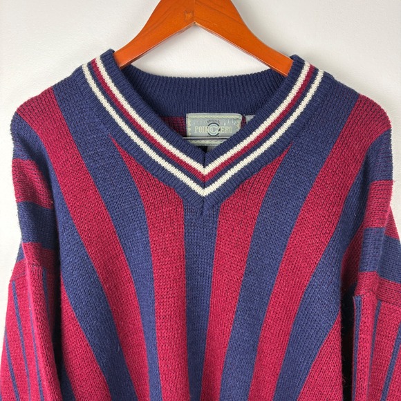 Vintage Point Zero V Neck Striped Sweater Mens Large Red Navy Oversized - Picture 1 of 4